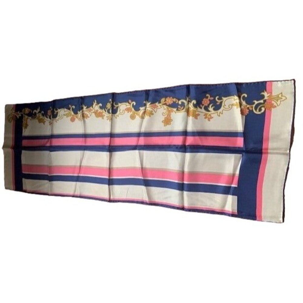Vintage Women Baar & Beards Silk Hand Rolled Navy & Pink Scarf 15x44"